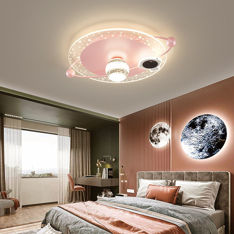 Contemporary Scandinavian Round Cartoon Astronaut Planet Iron Acrylic LED Flush Mount Ceiling Light For Bedroom