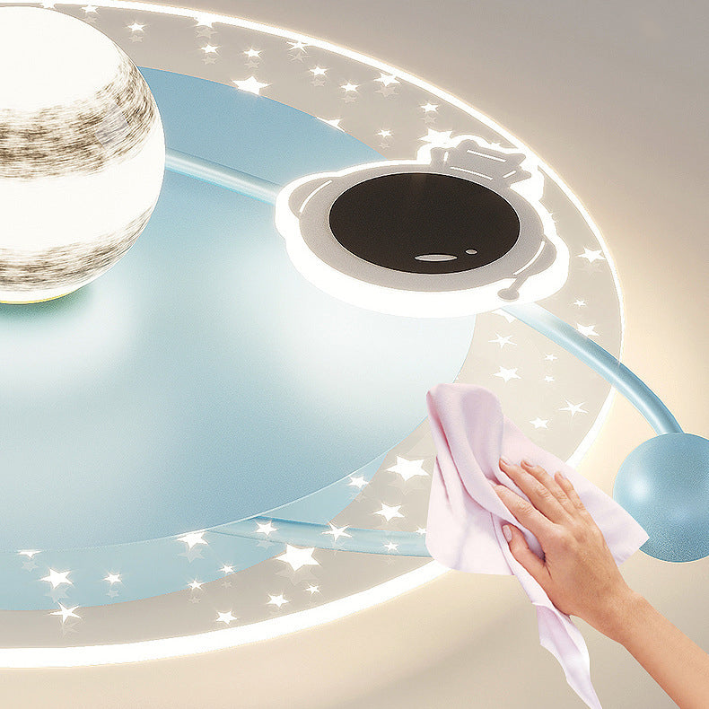 Contemporary Scandinavian Round Cartoon Astronaut Planet Iron Acrylic LED Flush Mount Ceiling Light For Bedroom