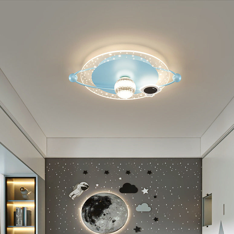 Contemporary Scandinavian Round Cartoon Astronaut Planet Iron Acrylic LED Flush Mount Ceiling Light For Bedroom