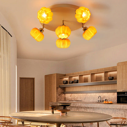 Traditional French Resin Pumpkin Shade Solid Wood 3/5/6/7-Light Semi-Flush Mount Ceiling Light For Living Room