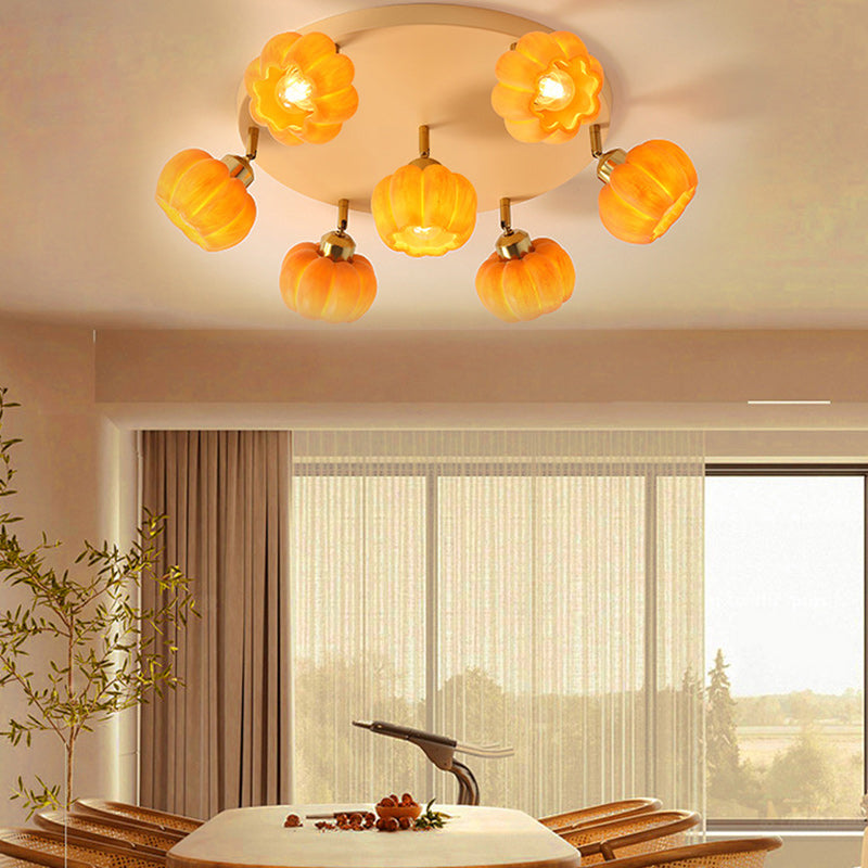 Traditional French Resin Pumpkin Shade Solid Wood 3/5/6/7-Light Semi-Flush Mount Ceiling Light For Living Room