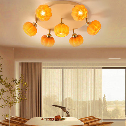 Traditional French Resin Pumpkin Shade Solid Wood 3/5/6/7-Light Semi-Flush Mount Ceiling Light For Living Room