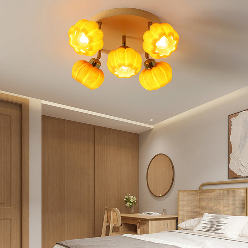 Traditional French Resin Pumpkin Shade Solid Wood 3/5/6/7-Light Semi-Flush Mount Ceiling Light For Living Room