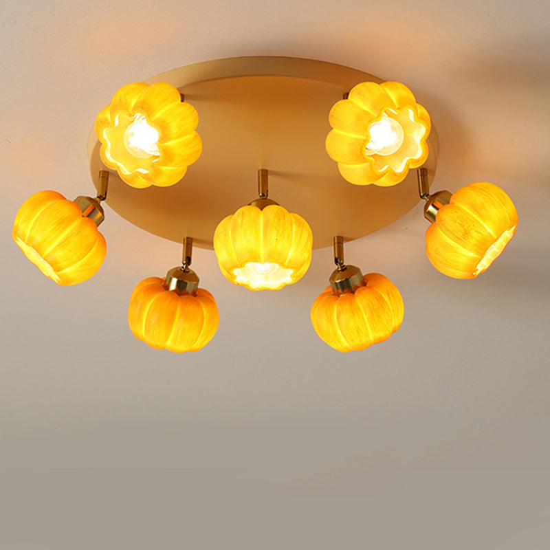 Traditional French Resin Pumpkin Shade Solid Wood 3/5/6/7-Light Semi-Flush Mount Ceiling Light For Living Room
