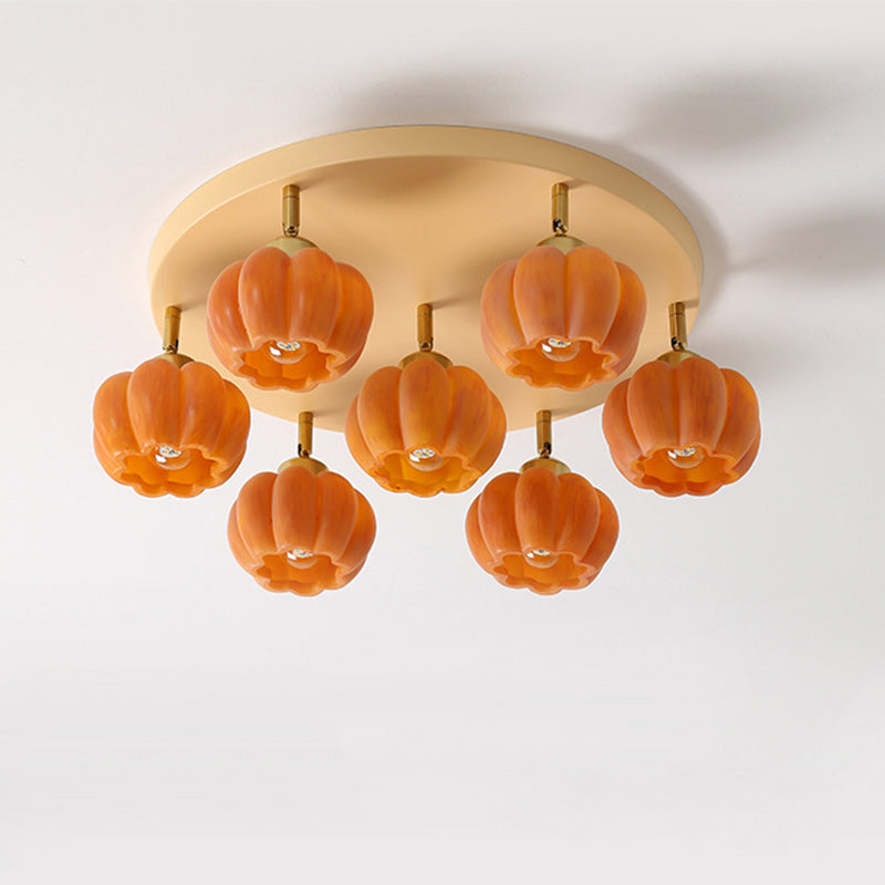 Traditional French Resin Pumpkin Shade Solid Wood 3/5/6/7-Light Semi-Flush Mount Ceiling Light For Living Room