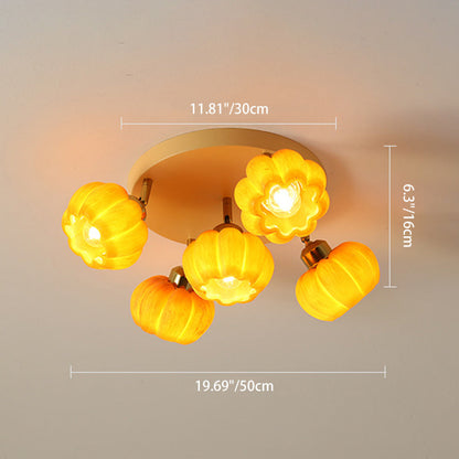 Traditional French Resin Pumpkin Shade Solid Wood 3/5/6/7-Light Semi-Flush Mount Ceiling Light For Living Room