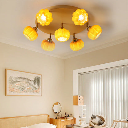 Traditional French Resin Pumpkin Shade Solid Wood 3/5/6/7-Light Semi-Flush Mount Ceiling Light For Living Room