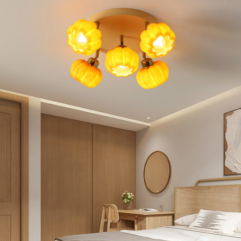 Traditional French Resin Pumpkin Shade Solid Wood 3/5/6/7-Light Semi-Flush Mount Ceiling Light For Living Room