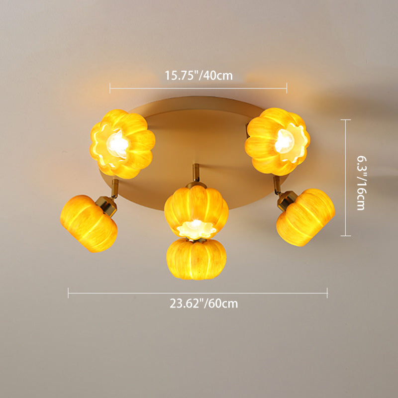Traditional French Resin Pumpkin Shade Solid Wood 3/5/6/7-Light Semi-Flush Mount Ceiling Light For Living Room