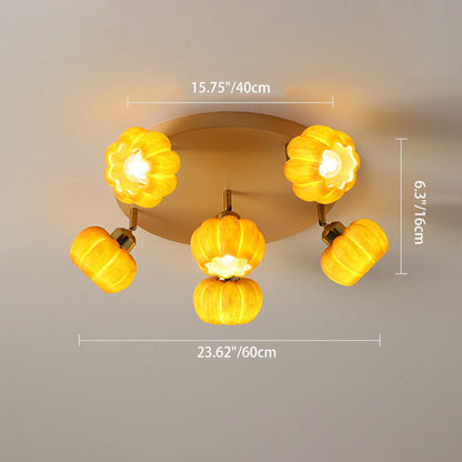 Traditional French Resin Pumpkin Shade Solid Wood 3/5/6/7-Light Semi-Flush Mount Ceiling Light For Living Room