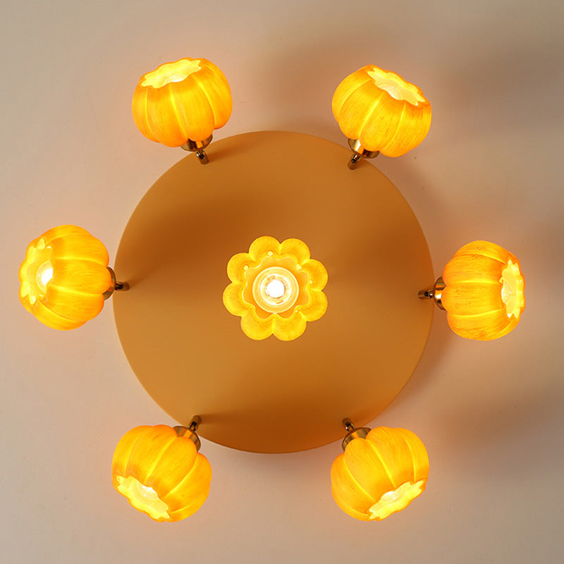 Traditional French Resin Pumpkin Shade Solid Wood 3/5/6/7-Light Semi-Flush Mount Ceiling Light For Living Room