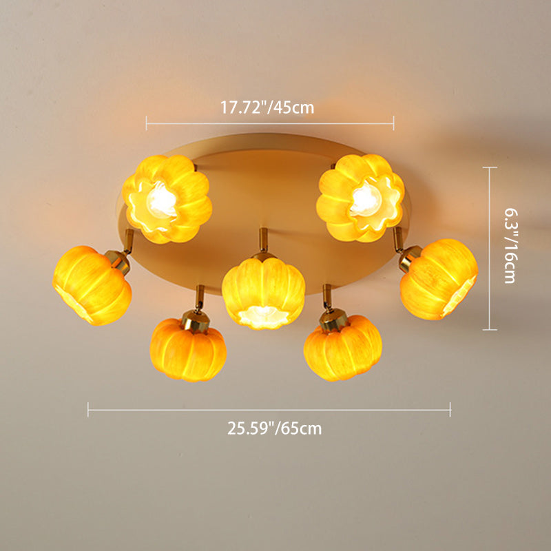 Traditional French Resin Pumpkin Shade Solid Wood 3/5/6/7-Light Semi-Flush Mount Ceiling Light For Living Room