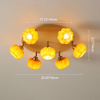 Traditional French Resin Pumpkin Shade Solid Wood 3/5/6/7-Light Semi-Flush Mount Ceiling Light For Living Room