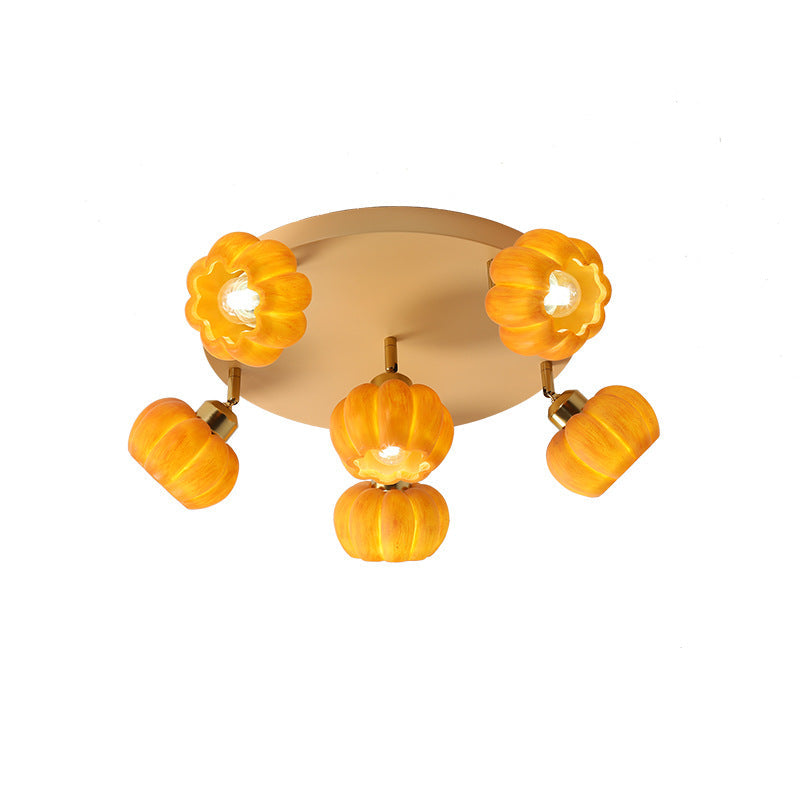 Traditional French Resin Pumpkin Shade Solid Wood 3/5/6/7-Light Semi-Flush Mount Ceiling Light For Living Room