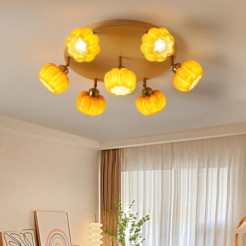 Traditional French Resin Pumpkin Shade Solid Wood 3/5/6/7-Light Semi-Flush Mount Ceiling Light For Living Room