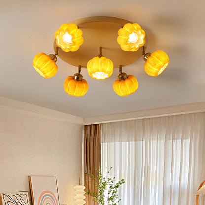 Traditional French Resin Pumpkin Shade Solid Wood 3/5/6/7-Light Semi-Flush Mount Ceiling Light For Living Room