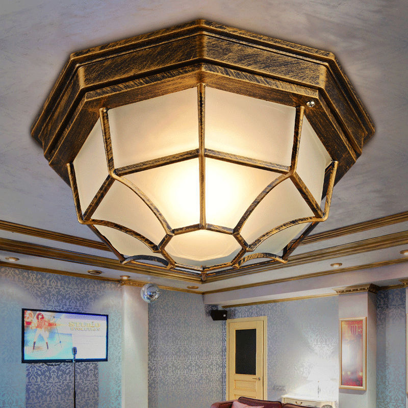 Traditional European Aluminum Glass Polygon 1-Light Semi-Flush Mount Ceiling Light For Hallway