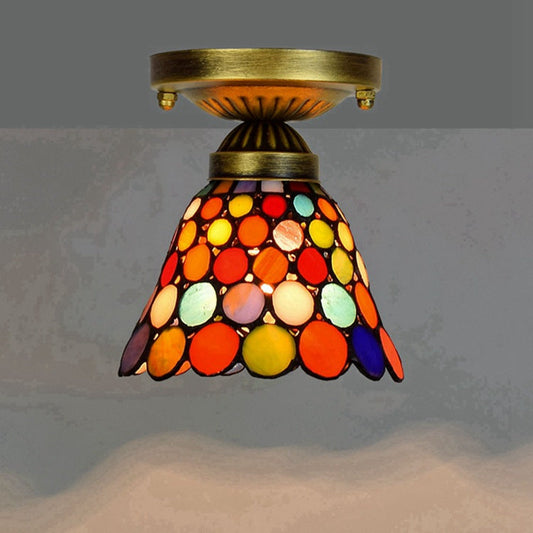 Traditional Tiffany Stained Glass Cup Shade Iron 1-Light Semi-Flush Mount Ceiling Light For Living Room