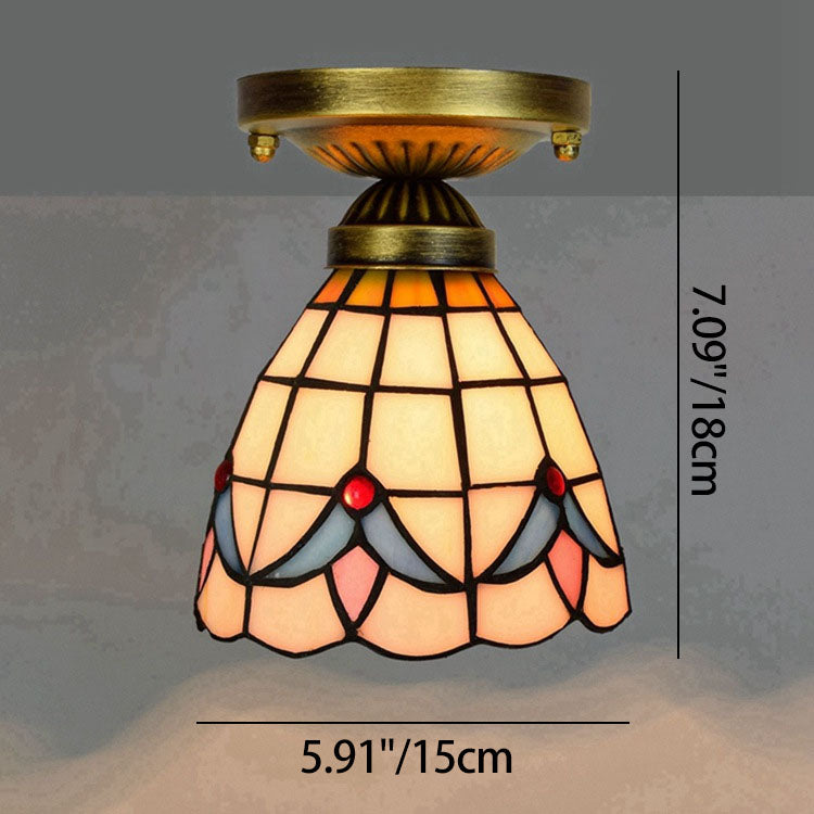 Traditional Tiffany Magnolia Flower Pattern Stained Glass Cup Shade 1-Light Semi-Flush Mount Ceiling Light For Living Room