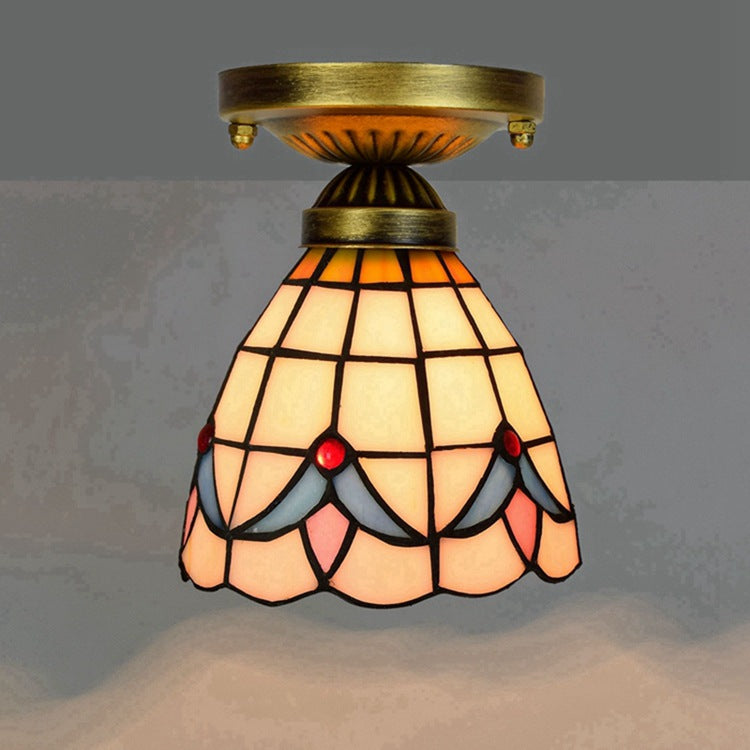 Traditional Tiffany Magnolia Flower Pattern Stained Glass Cup Shade 1-Light Semi-Flush Mount Ceiling Light For Living Room