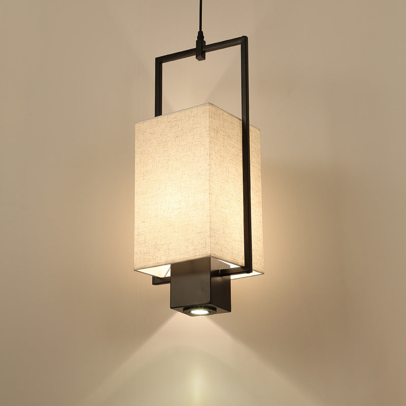 Traditional Chinese Iron Frame Fabric Column Shade 2-Light Pendant Light Spotlight For Living Room