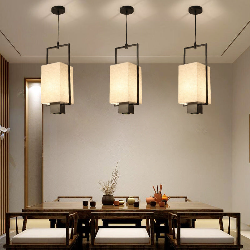 Traditional Chinese Iron Frame Fabric Column Shade 2-Light Pendant Light Spotlight For Living Room