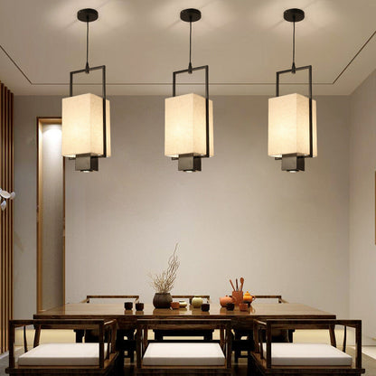 Traditional Chinese Iron Frame Fabric Column Shade 2-Light Pendant Light Spotlight For Living Room