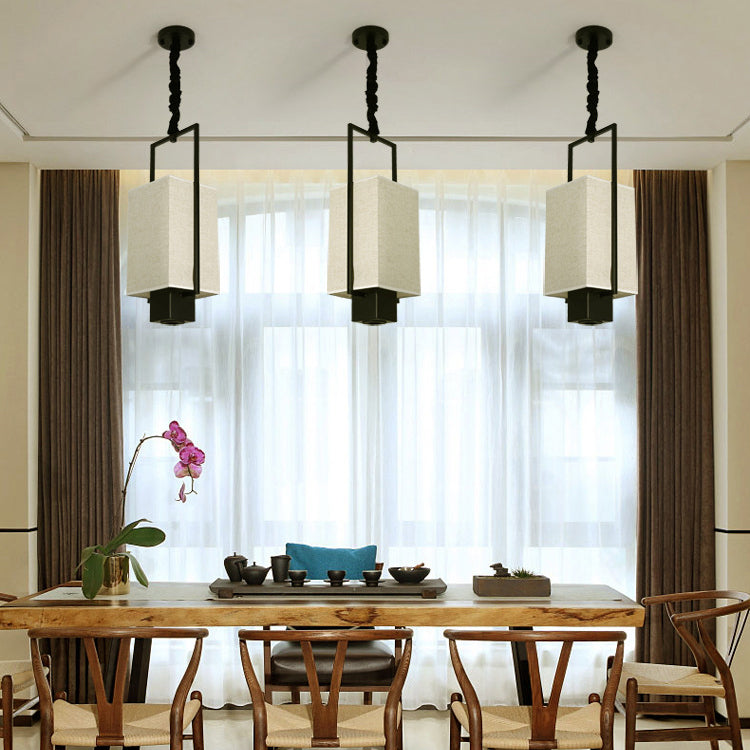 Traditional Chinese Iron Frame Fabric Column Shade 2-Light Pendant Light Spotlight For Living Room