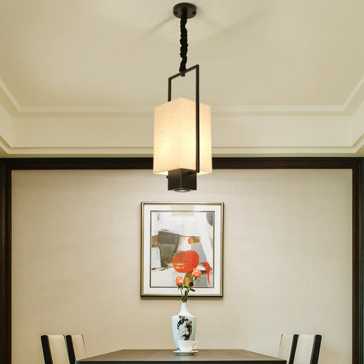 Traditional Chinese Iron Frame Fabric Column Shade 2-Light Pendant Light Spotlight For Living Room