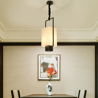 Traditional Chinese Iron Frame Fabric Column Shade 2-Light Pendant Light Spotlight For Living Room