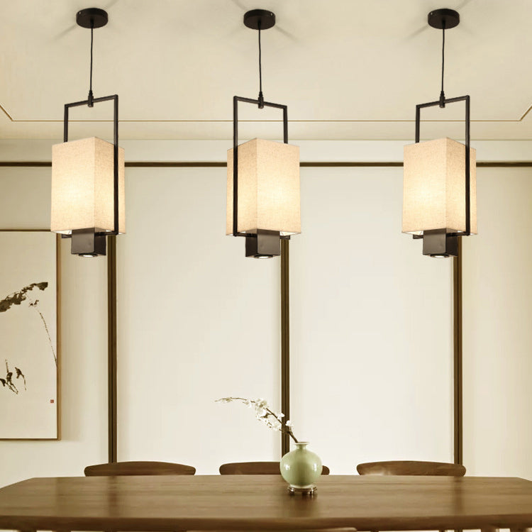 Traditional Chinese Iron Frame Fabric Column Shade 2-Light Pendant Light Spotlight For Living Room