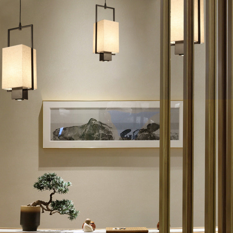 Traditional Chinese Iron Frame Fabric Column Shade 2-Light Pendant Light Spotlight For Living Room