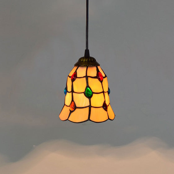 Traditional Tiffany Stained Glass Tulip Shade Iron 1-Light Pendant Light For Living Room