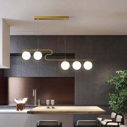 Modern Mid-Century Iron Straight Line Glass Ball Shade 5-Light Pendant Light Island Light For Living Room