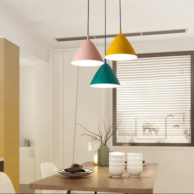 Contemporary Scandinavian Macaron Conical Iron Shade 1-Light Pendant Light For Living Room