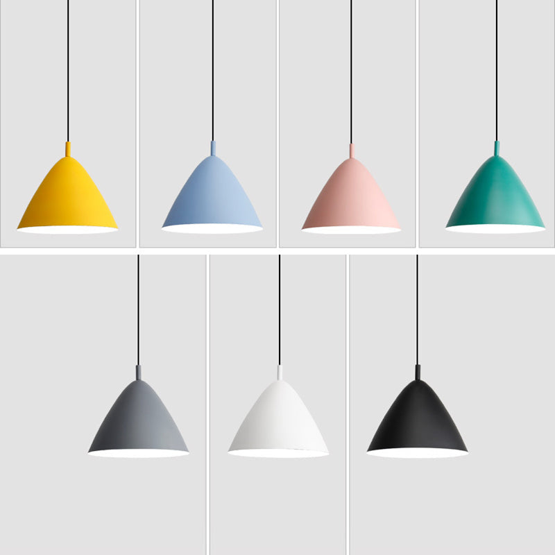 Contemporary Scandinavian Macaron Conical Iron Shade 1-Light Pendant Light For Living Room