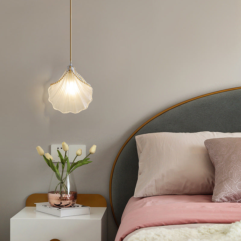 Traditional French Pearl Decorative Frosted Glass Shell Shade Hardware 1-Light Pendant Light For Living Room