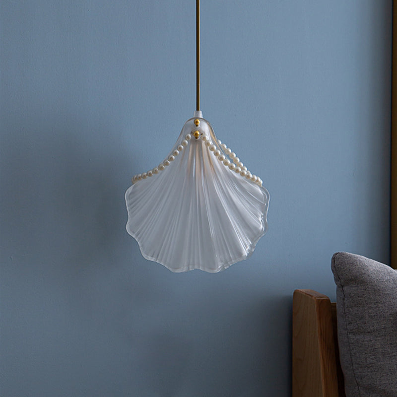 Traditional French Pearl Decorative Frosted Glass Shell Shade Hardware 1-Light Pendant Light For Living Room