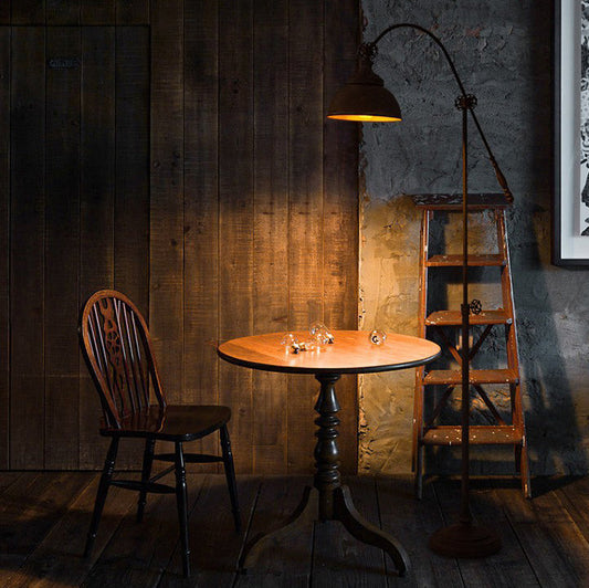 Traditional Colonial Distressed Iron Rotatable Semicircle Shade Adjustable Rod 1-Light Standing Floor Lamp For Bedroom