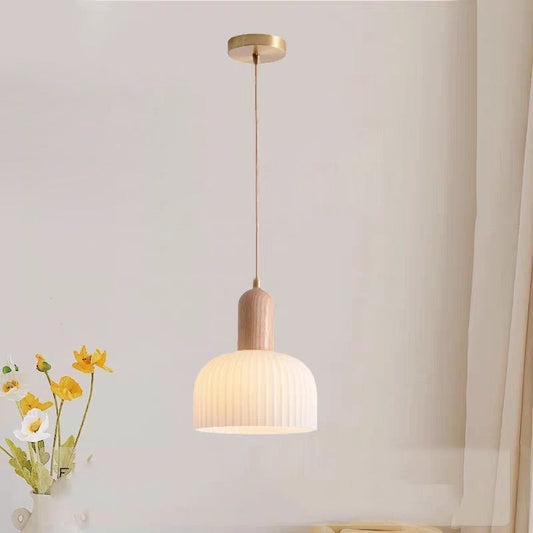 Traditional French Ripple Glass Semicircle Shade Solid Wood 1-Light Pendant Light For Living Room