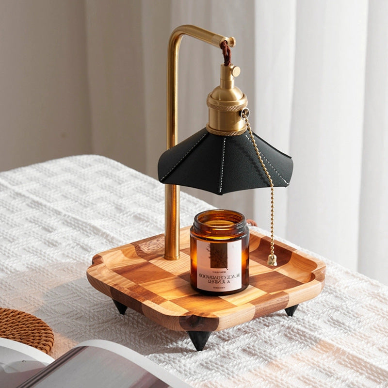 Modern Eclectic Octagonal Leather Shade Walnut Wood Base Brass 1-Light Melting Wax Table Lamp For Bedroom