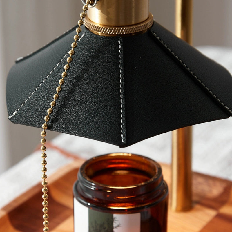 Modern Eclectic Octagonal Leather Shade Walnut Wood Base Brass 1-Light Melting Wax Table Lamp For Bedroom