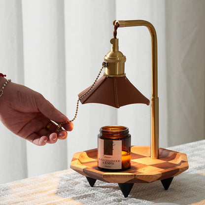 Modern Eclectic Octagonal Leather Shade Walnut Wood Base Brass 1-Light Melting Wax Table Lamp For Bedroom