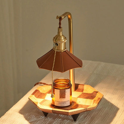 Modern Eclectic Octagonal Leather Shade Walnut Wood Base Brass 1-Light Melting Wax Table Lamp For Bedroom