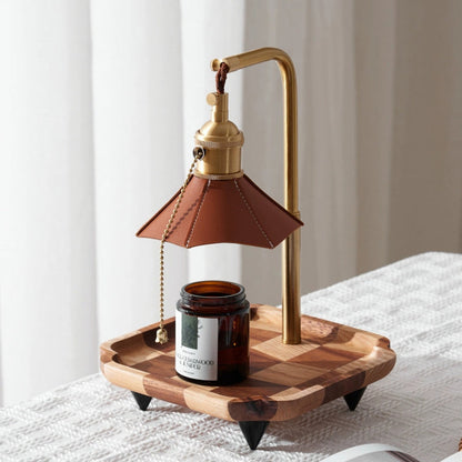 Modern Eclectic Octagonal Leather Shade Walnut Wood Base Brass 1-Light Melting Wax Table Lamp For Bedroom