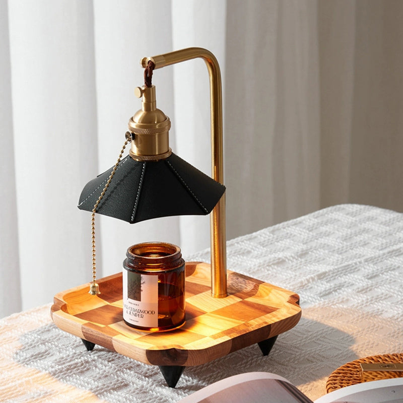 Modern Eclectic Octagonal Leather Shade Walnut Wood Base Brass 1-Light Melting Wax Table Lamp For Bedroom