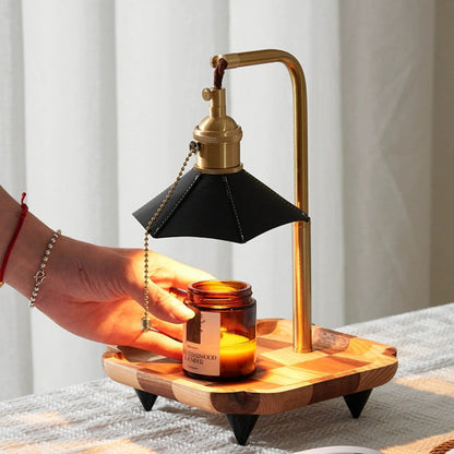 Modern Eclectic Octagonal Leather Shade Walnut Wood Base Brass 1-Light Melting Wax Table Lamp For Bedroom