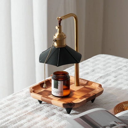 Modern Eclectic Octagonal Leather Shade Walnut Wood Base Brass 1-Light Melting Wax Table Lamp For Bedroom