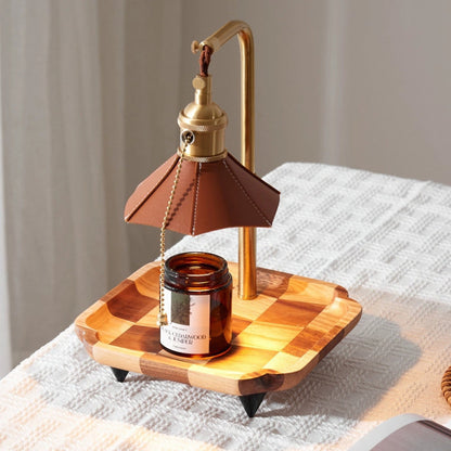 Modern Eclectic Octagonal Leather Shade Walnut Wood Base Brass 1-Light Melting Wax Table Lamp For Bedroom