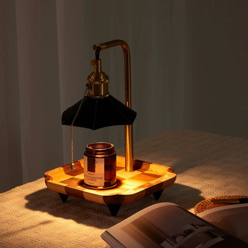 Modern Eclectic Octagonal Leather Shade Walnut Wood Base Brass 1-Light Melting Wax Table Lamp For Bedroom